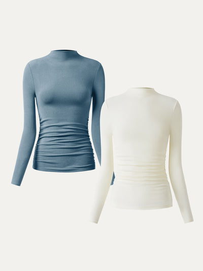 2Pcs Set Thermal Ruched Sides Tuckable Mockneck Top