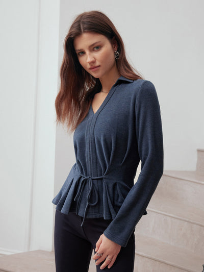 Polo Neck Drawstring Tie Long Sleeve Top