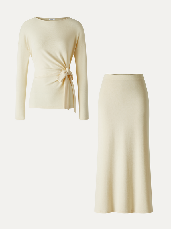 OGLmove 2Pcs Set Boatneck Long Sleeve Top & Mid-Rise Side-Slit Column Midi Skirt