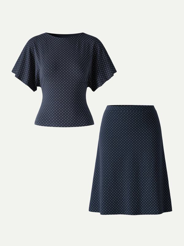 OGLmove 2Pcs Set Boatneck Flutter Sleeves Polka Dot Top & A-Line Flare Skirt Limited Edition