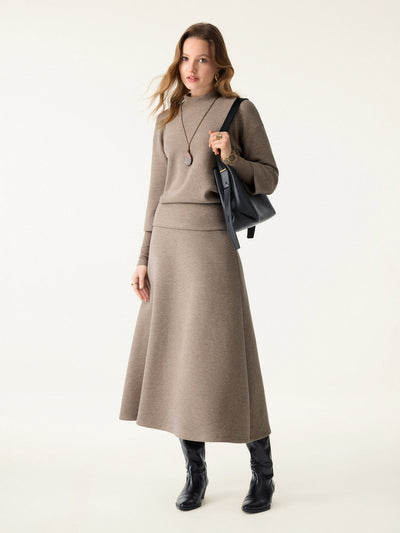 2Pcs Set FuzzLuxe Mockneck Sleeve-Warmer Top &  Midi A-line Circle Skirt