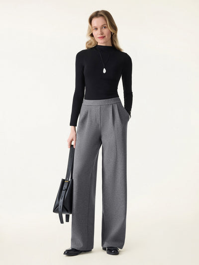 Cozy High Rise Wide Leg Tucked Pull-on Pants with Pockets