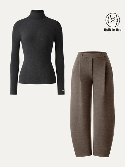 2Pcs Set MaxWarm Turtleneck Brami & Petite Mid Rise Barrel Leg Pull-on Pants