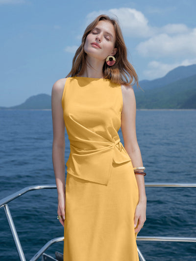 OGLmove Lyocell-Linen Blend Boatneck Waist-Defined Top Dandelion Yellow XS