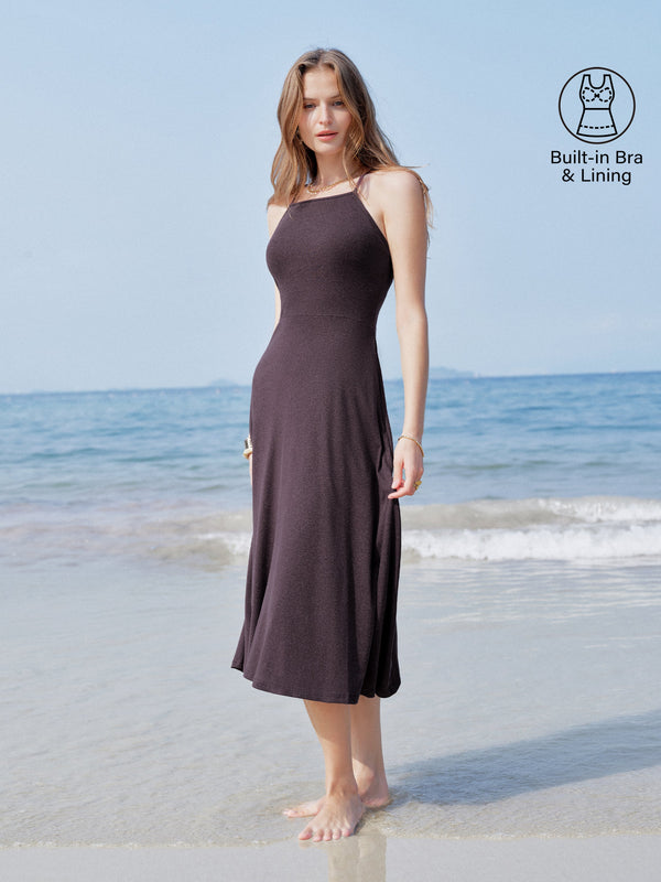 OGLmove Soft Linen Knit Spaghetti Midi Bra Dress Purple Gloam XS