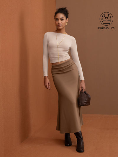 2Pcs Set Side Ruched Boatneck Brami & Mermaid Maxi Skirt