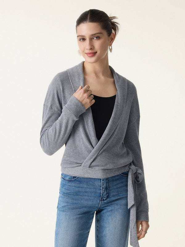 Ribbed Shawl Collar Self-Tie Cardigan Heather Grey XS