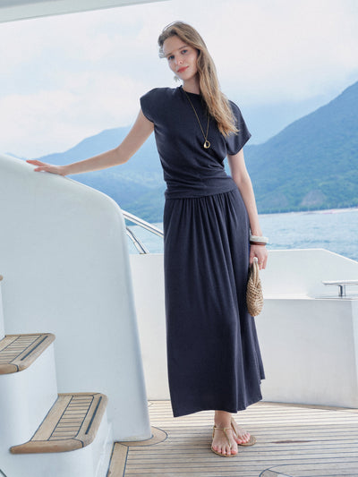 OGLmove 2Pcs Set Round Neck Top & A-Line Maxi Skirt with Pockets