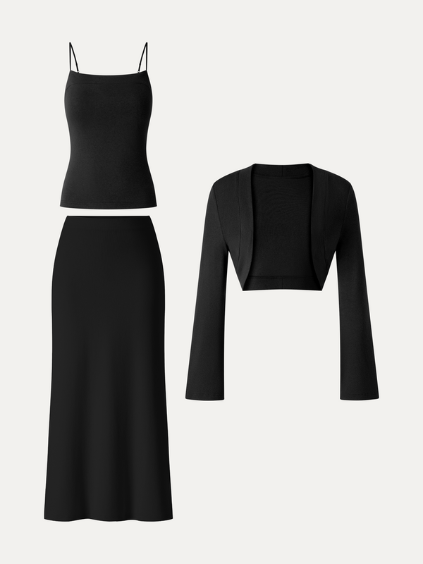 OGLmove 3Pcs Set Cardigan & Bra Cami & Side-Slit Column Midi Skirt
