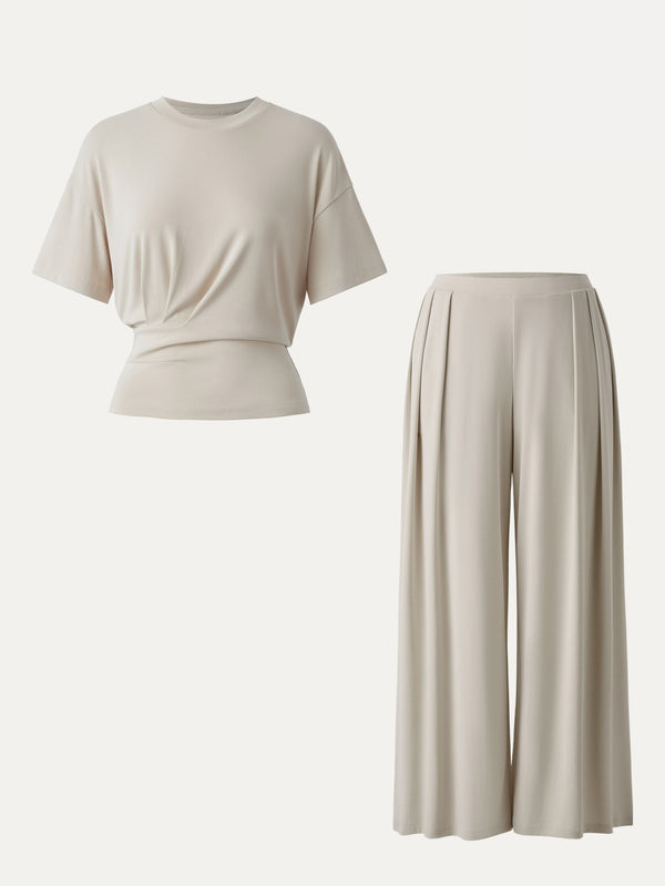 OGLmove 2Pcs Set Crewneck Short Sleeve Tee & Mid Rise Pleated Wide Leg Pant with Pockets