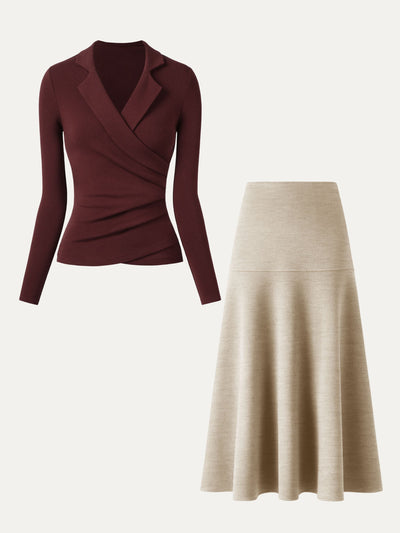 2Pcs Set Collared Surplice Top & Flared Maxi Skirt