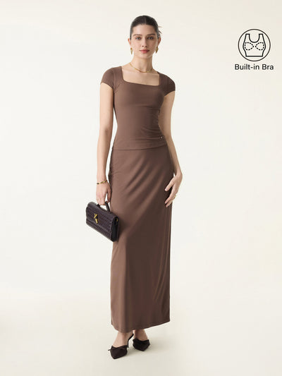 2Pcs Set SkinKiss Square Neck Cap Sleeve Cropped Brami & H-Line Maxi Skirt