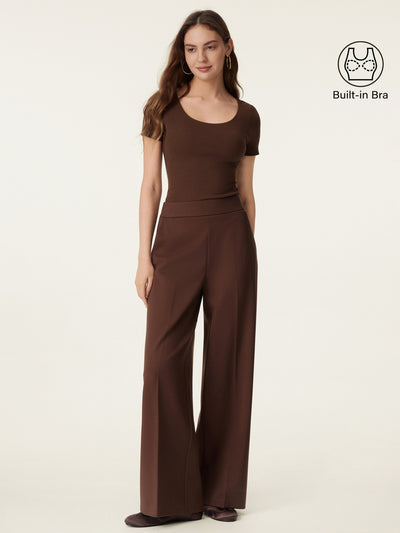 2Pcs Set Scoop Neck Cotton Brami & High Rise Wide Leg Trouser with Pockets