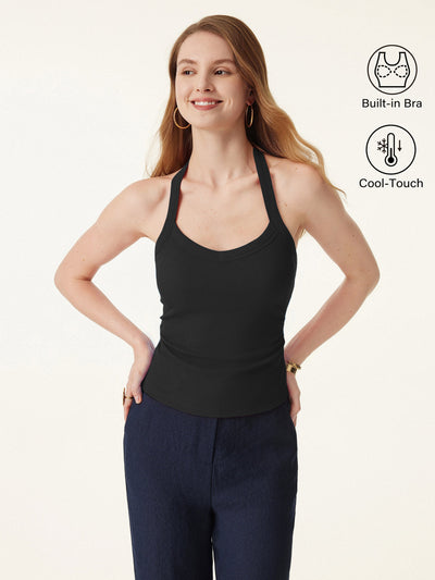 OGLmove Halter Neck Side Ruched Ribbed Bra Tank Black XS