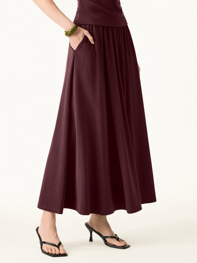OGLmove Stretch Cotton Maxi Umbrella Skirt with Pockets Ruby Red XS