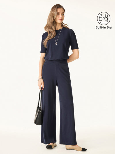 OGLmove 2Pcs Set Petite Mid Rise Wide Leg Pant with Pockets & Crewneck Bra Top with Banded Hem Smoky Navy XS