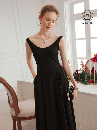 OGLmove Balletic Scoop Neck Midi Bra Dress with Pockets Black XS