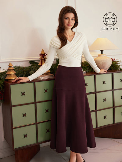 2Pcs Set Ruched V-Neck Surplice Brami & Cashmere-like Flared Maxi Skirt