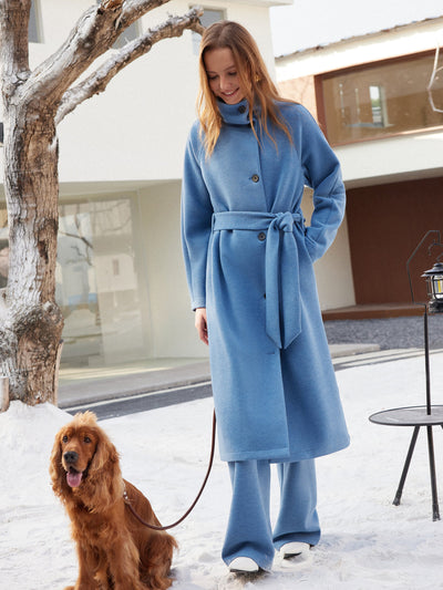 2Pcs Set FuzzLuxe Belted Tunnel Coat & Mid Rise Straight Leg Pull-on Pants