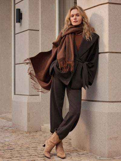 2Pcs Set Belted Shawl Collar Robe Jacket & Mid Rise Straight Pants with Pockets