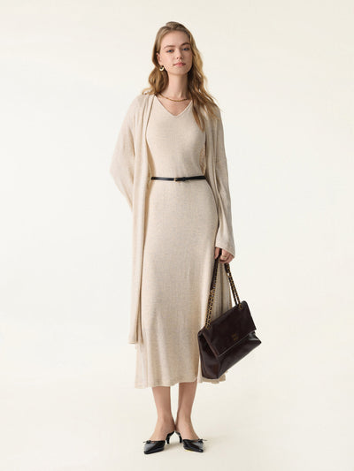 2Pcs Set Open Front Cardigan with Pockets & V-Neck Flared Midi Brami Dress