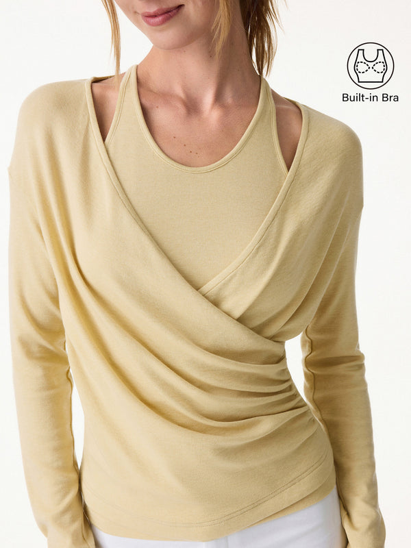 OGLmove Two-Piece Set Cami with Surplice Ruched Top Lyocell Wool Biscotti