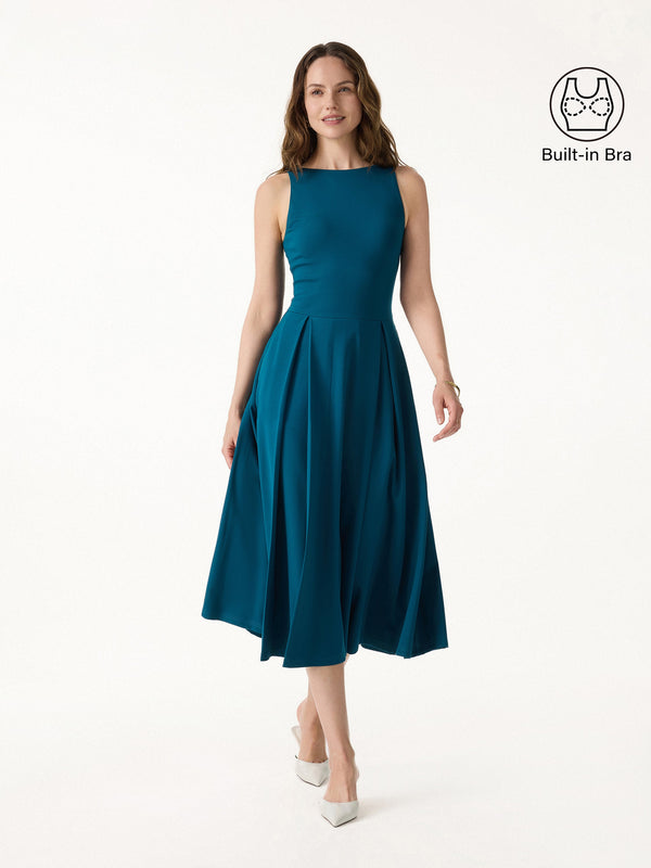 OGLmove Boatneck Pleated Fit-and-Flare Midi Bra Dress with Pockets
