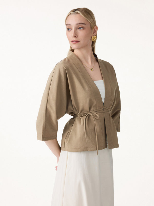 OGLmove Lyocell-Linen 3/4 Sleeve Cardigan Khaki Brown XS