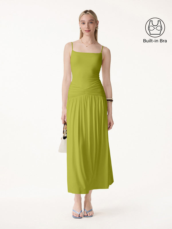 OGLmove Not-See-Thru Spaghetti Gathered Maxi Bra Dress Sprout Green XS