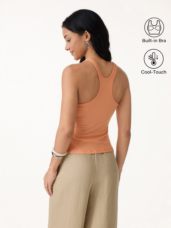 OGLmove Cool-Touch Ribbed Scoop Neck Racer Back Bra Tank Muskmelon Orange XS