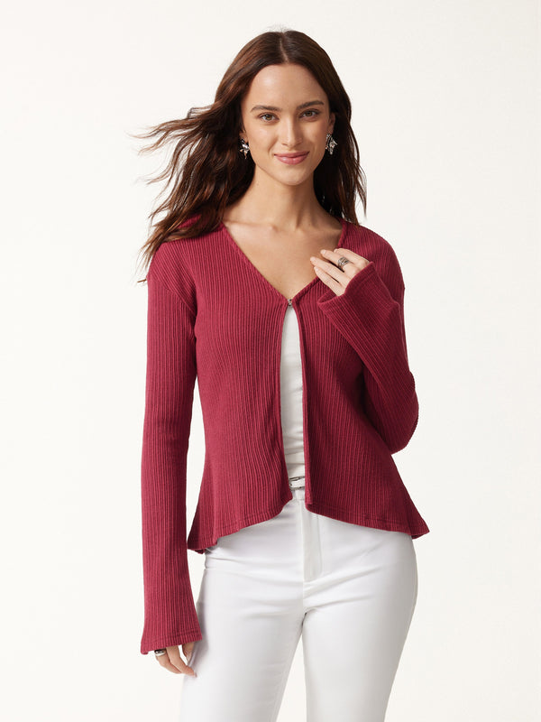 OGLmove V Neck Flare Long Sleeve Cardigan Falu Red XXS