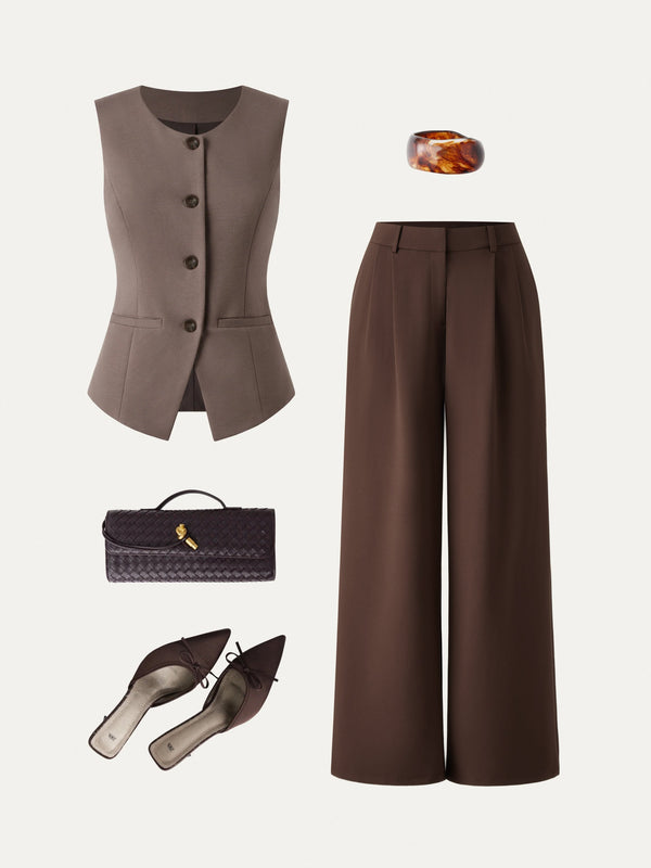 OGLmove 2Pcs Set Waistcoat with Pockets & Wide Leg Pant with Pockets