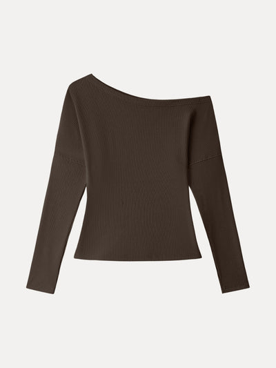 Ribbed Asymmetrical Neckline Long Sleeve Top