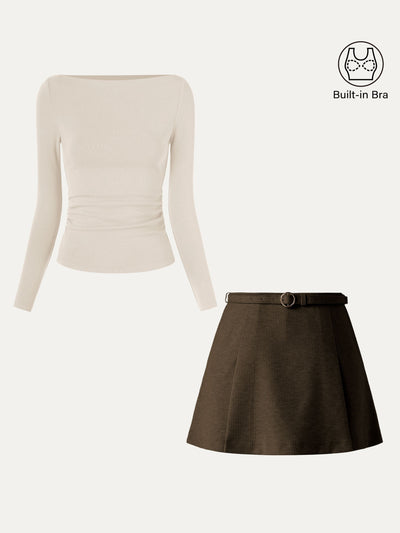 2Pcs Set Side Ruched Boatneck Brami Top & Belted Mini Skirt With Shorts