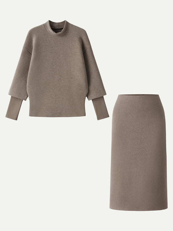 2Pcs Set FuzzLuxe Mockneck Sleeve-Warmer Top & A-line Pull-on Midi Skirt Heather Tapestry XS