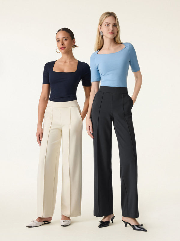 Stretch Cotton Blend Mid Rise Wide Leg Pull-on Pants