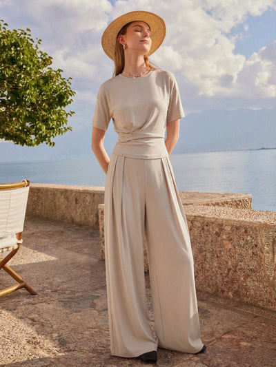 OGLmove 2Pcs Set Crewneck Short Sleeve Tee & Mid Rise Pleated Wide Leg Pant with Pockets Morning Mist XS