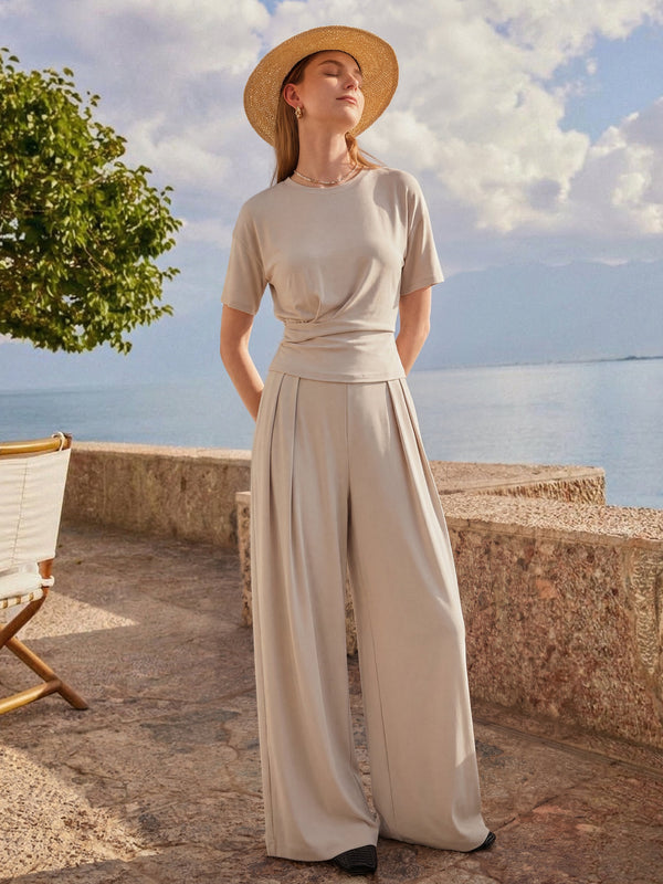OGLmove 2Pcs Set Crewneck Short Sleeve Tee & Mid Rise Pleated Wide Leg Pant with Pockets Morning Mist XS