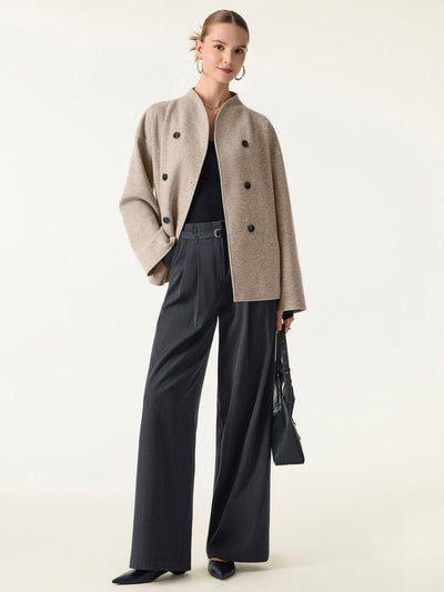 Stand Collar Double-Breasted Knit Jacket with Pockets