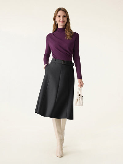 High Rise Belted Flare Circle Midi Skirt with Pockets
