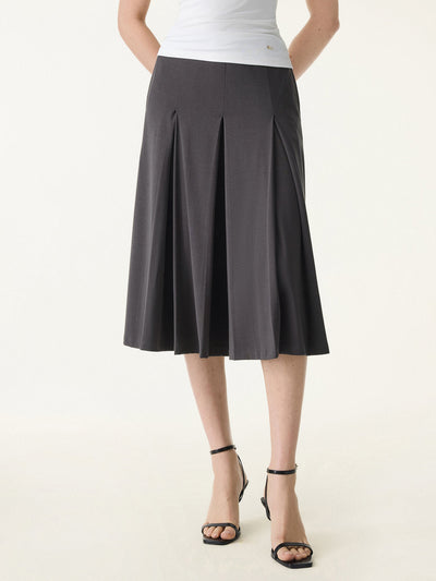 Stretchy Mid Rise A-line Pleated Skirt with Pockets Light Night Charcoal XS
