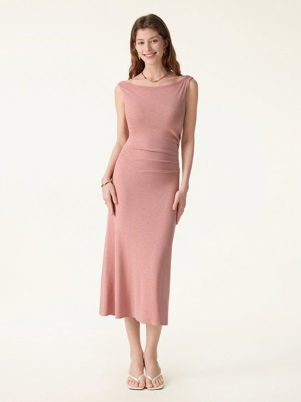 OGLmove Elegant Boatneck Tucked Fit-and-Flare Midi Bra Dress Sahara Pink XS
