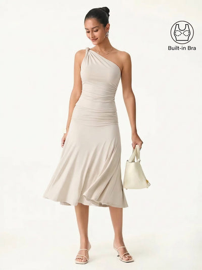 OGLmove 2Pcs Set One Shoulder Twisted Bra Tank & Side Ruched A-line Midi Skirt Fog XS