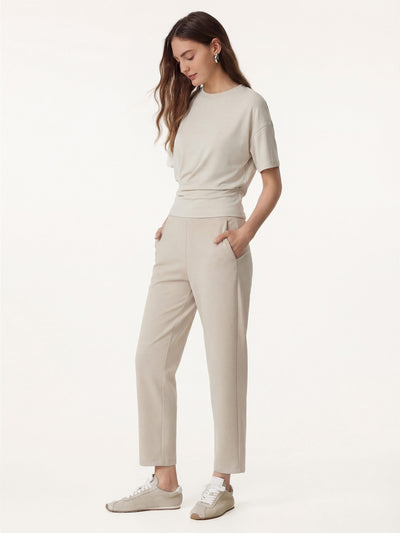 OGLmove 2Pcs Set Crewneck Tucked Tee & Mid Rise Tapered Pant with Pockets Morning Mist/Beige XS