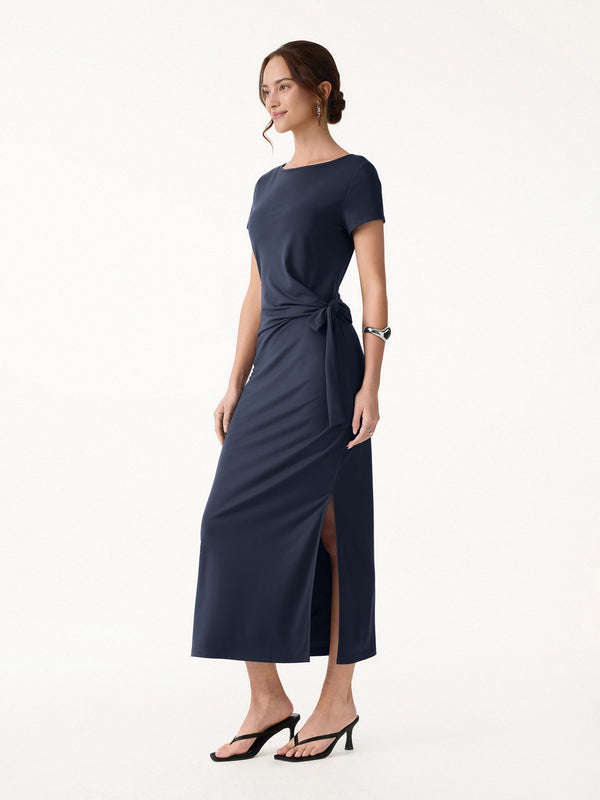 OGLmove Cooling Wrinkle-Resistant Side Waist Tie Midi Dress with Slit Midnight Navy XS