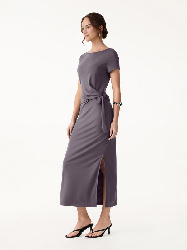 OGLmove Cooling Wrinkle-Resistant Side Waist Tie Midi Dress with Slit Taro Tea XS