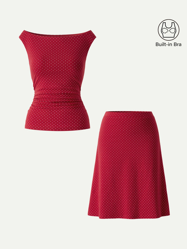 OGLmove 2Pcs Set Polka Dot Boatneck Bra Top & A-Line Flare Skirt Limited Edition