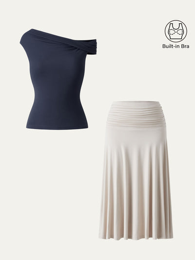 OGLmove 2Pcs Set Multi-wear Bra Top & Side Ruched A-line Midi Skirt Midnight Navy/Fog XS