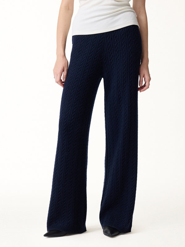 OGLmove Merino-Blend Cable-Knit Wide-Leg Pants with Pockets Navy XXS