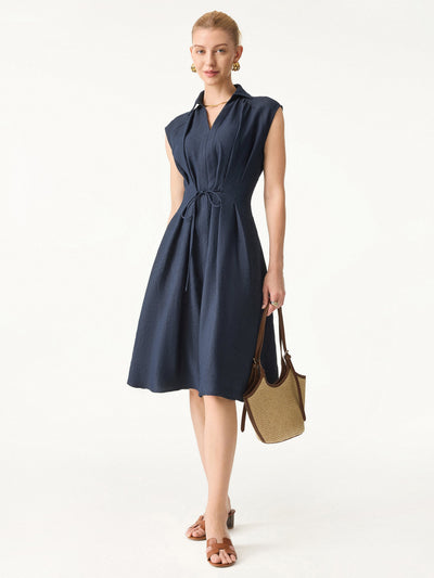 OGLmove Viscose-Linen Collared V-neck Midi Dress with Drawstring Denim Navy XS